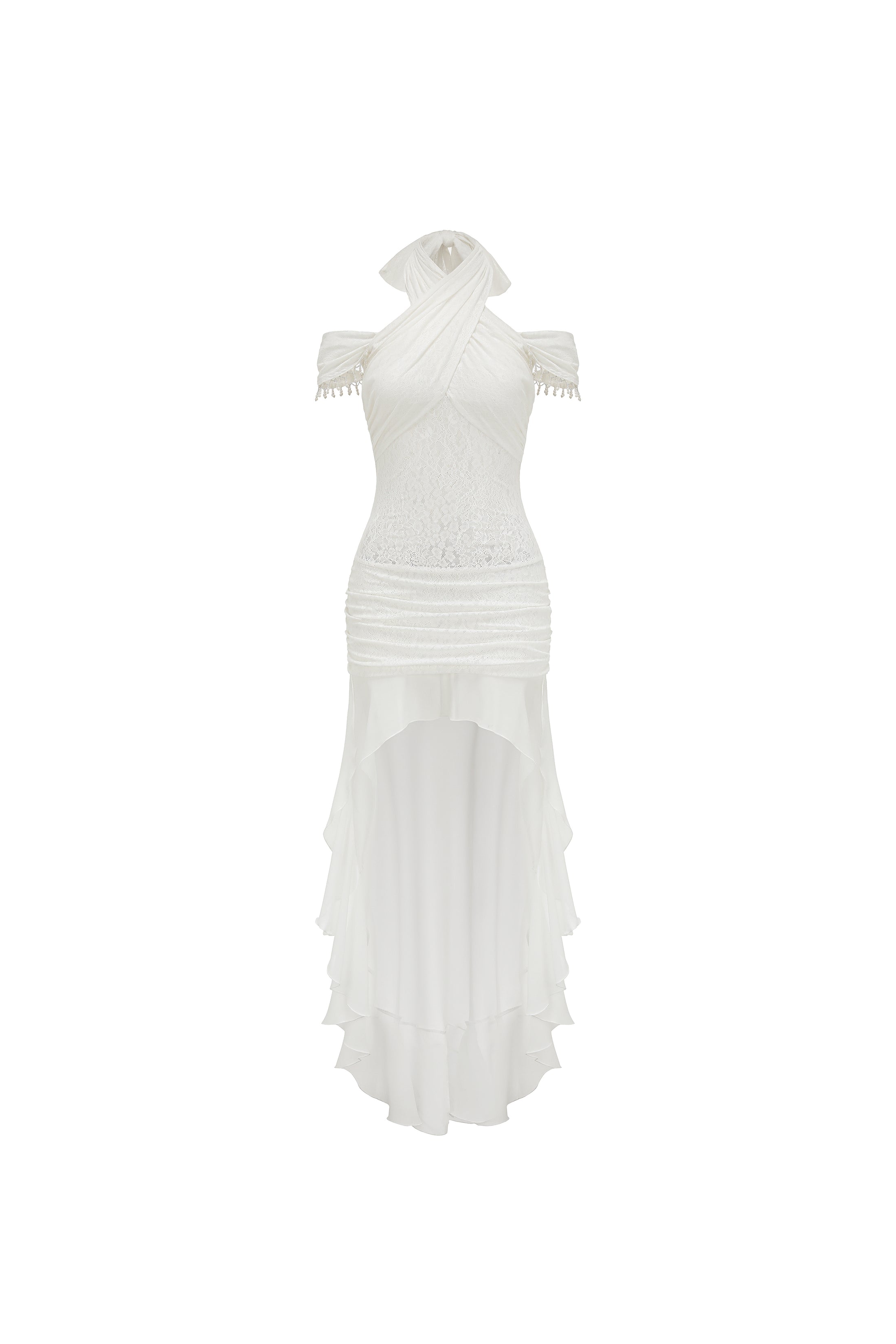 White Halter Neck Lace Dress With Tail