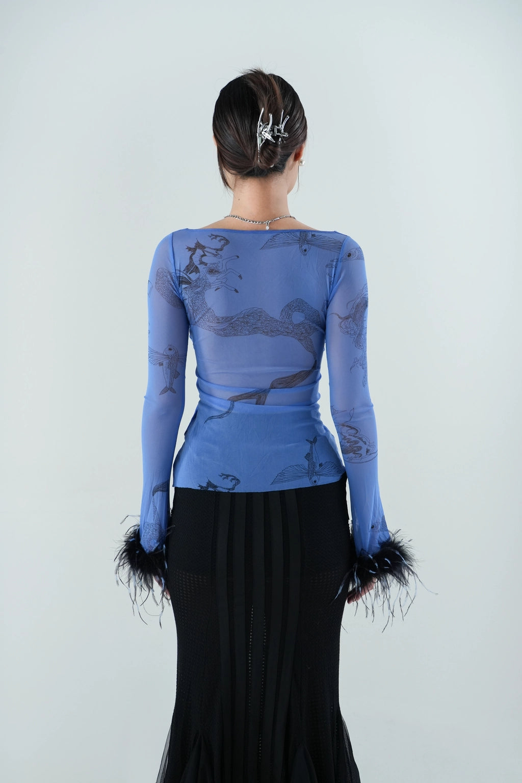 Dream To The Moon - Hand Painted Tulle Long Sleeve Feather Top